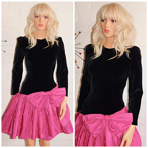 Vintage 80s Black BUBBLEGUM Pink BOW MINI Prom Party Dress 8 Xs S 1980s Kitsch