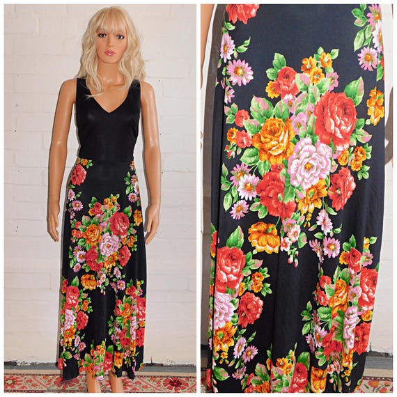 Vintage 70s Black Multicoloured FLORAL Contrast Midi Maxi Dress 10-12 S M 1970s