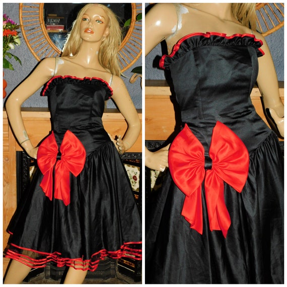 Vintage 80s Black Red STRAPLESS BOW Prom Party Dress 8 S Xs 1980s Kitsch