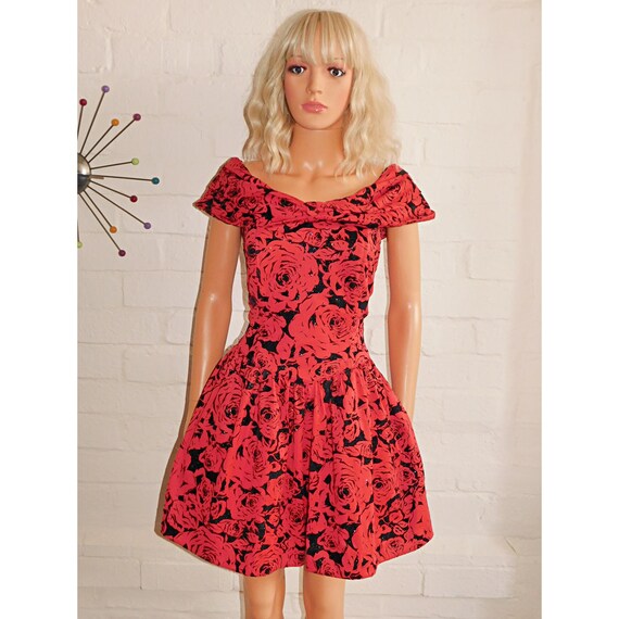 Vintage 80s Red Black Shawl Collar MINI PROM Party Dress 12 14 M 1980s Kitsch