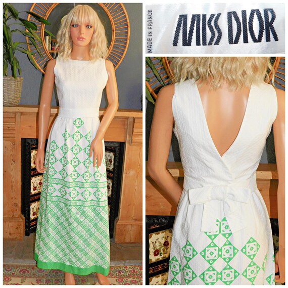 Vintage 60s 70s MISS DIOR White Green GEOMETRIC Bow Back Maxi Dresss 6 Xs Xxs 1970s 1960s