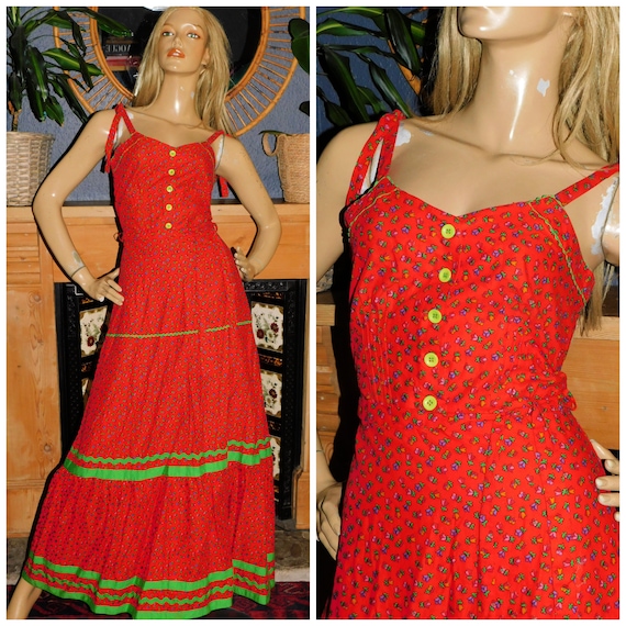 Vintage 70s Red Green Multicoloured DITSY FLORAL Print Ric Rac Bohemian Maxi Dress 8 S 1970s Boho COTTON Hippy