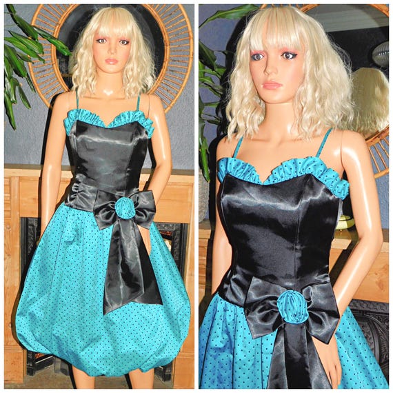 Vintage 80s Black Green Polka Dot BOW BUBBLE Hem PUFFBALL Prom Party Dress 8 10 S 1980s Cocktail Extreme Avant Garde