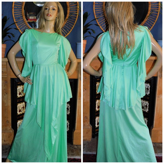 Vintage 70s LIME Green Draped Sleeves Maxi GODDESS Dress 6 Xxs Xs 1970s Bohemian Boho Ronald Joyce After Six