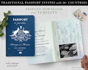 Printable Passport Invite - Traditional, Download on Templett, Destination Travel, Details Card, Personalised Invitation Australia USA UK NZ