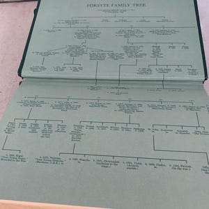 May include: A vintage book with a green cover, displaying a family tree chart titled "FORSYTE FAMILY TREE." The chart features names, dates, and relationships, with lines connecting individuals. The book is open, revealing detailed genealogical information.