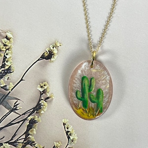 Sunshine Cactus Pendant Hand Painted, Original Art Resin Jewelry, Desert Necklace