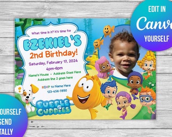 Invitación de cumpleaños submarina de Bubble Guppies - Invitación digital editable e imprimible - Personalízala en Canva - 5x7