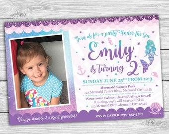 May include: A purple, blue, and green invitation for a child's birthday party. The invitation features a mermaid illustration, a photo of a child, and the text "Join us for a party Under The Sea Emily is Turning 2".