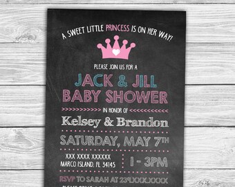 Jack and Jill Baby Shower Invitation - Chalk Lettered, Chalkboard - Custom Printable Digital File - Princess or Prince - Custom Colors