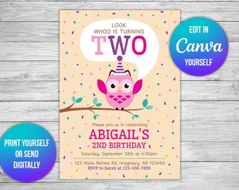 Look Whoo's Turning Two Owl Birthday Invitation (Pink) - Editable Printable Digital Invite - DIY Yourself on Canva - 5x7