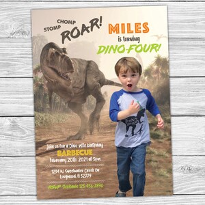 Dino-four Dinosaur T-Rex Chase Birthday Invitation / Custom Cutout of Your Child featured - Printable Digital File