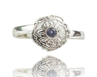 Silver ring with Iolite gemstone  Flower design ring  Gemstone ring  Flower design ring with Iolite gemstone