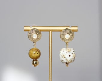 Asymmetrical ceramic earrings, 14k gold plated.