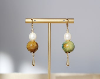 Earrings, yellow and green asymmetrical ceramic, natural freshwater pearls, 14K gold plated