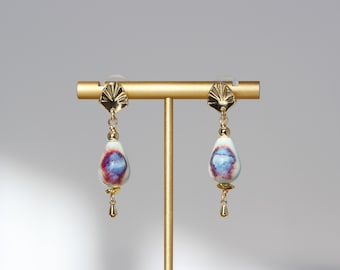 Hand painted porcelain earrings, gold plated 14K