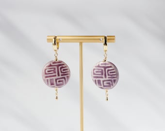 Purple ceramic earrings, 14k gold-plated beads