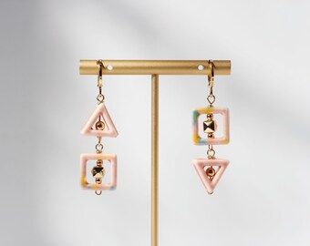 Painted ceramic rose earrings, 14k gold-plated beads