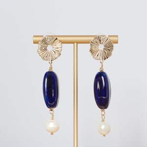 Blue porcelain and freshwater pearl earrings