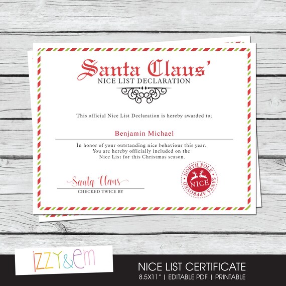 Printable Santa S Nice List Certificate Editable Santa Etsy