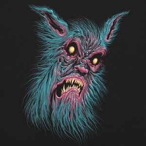 May include: A close-up of a blue and pink monster with glowing yellow eyes and sharp teeth. The monster has a furry face and is snarling.