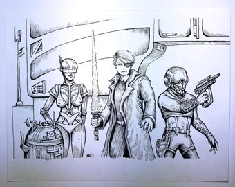 Skywalkin space crew - original ink illustration