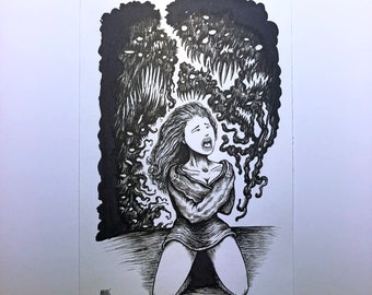 May include: A black and white ink drawing of a woman with long hair kneeling and screaming with her arms crossed in front of her. She is surrounded by a dark, swirling mass of faces with sharp teeth.