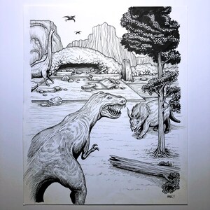 Dino world - original ink illustration