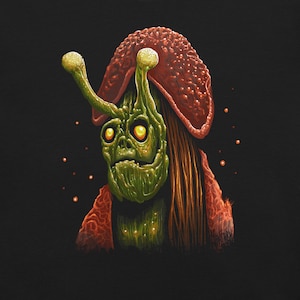 May include: A green and red creature with a large, red, mushroom-like head and two long, green antennae. The creature has large, yellow eyes and a green, wrinkled face.