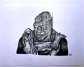 May include: Black and white ink drawing of a fictional character with a mechanical eye and a textured, detailed face. The character is wearing a dark, textured jacket with a belt and a strap across the chest.