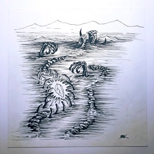 Szkielet smoka - Oryginalna ilustracja tuszowa
