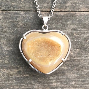 Yellow Agate Druzy Silver Necklace, Heart Shape Agate Pendant, Large Agate Necklace, Special Piece, Statement Jewelry, Gift for Her Mother