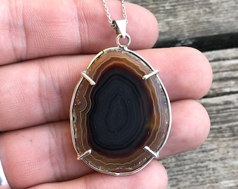 Black Agate Men Silver Necklace, Brown and Black Agate Pendant, Special Gemstone Piece, Agate Pendant, Genderless Jewelry, Gift for Her Him