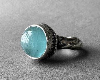 鮮やかなグリーンアクアマリンシルバーリング、グリーンベリルリング