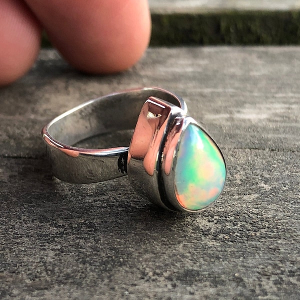 Natural Australian Opal Silver Ring, Fire Opal Ring Size 5 6 7 8 9, Teardrop Opal Ring, Special Collection Piece, Completely Handmade