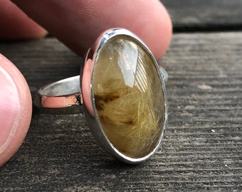 Anello in argento con quarzo rutilato dorato, design semplice, anello con quarzo rutilato taglie 6 7 8 9, anello vistoso con quarzo rutilato dorato, festa della mamma