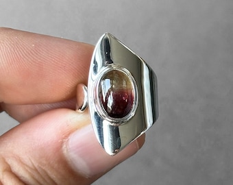 Elegant Bi Color Tourmaline Silver Ring, Pink and Yellow Tourmaline Silver Ring, Rubellite Yellow Tourmaline Ring Size 7, Special Collection