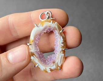 Natural Light Purple Amethyst Crystal Cluster Pendant, Agate Geode Slice Necklace, Gift for Mineral Lovers