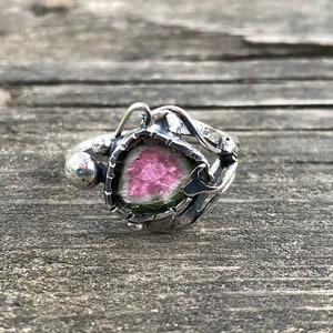 Watermelon Tourmaline Slice Silver Ring, Bi Color Tourmaline Ring Size 7,  Brazil Watermelon Tourmaline, Special Design, Completely Handmade