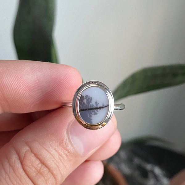 Dendritic Agate Silver Ring, Landscape Agate Ring Size 7 8 9 10, Simple Cute Design, Scenic Tree Agate Ring, Special Collection Piece