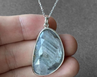 Natural White Sapphire Stone Silver Necklace, White and Gray Sapphire Pendant, Shimmering Cut, White Sapphire Men Necklace, Gift for Her