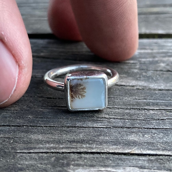 White Dendritic Agate Silver Ring, Landscape Agate Ring Size 7 8 9 10, Simple Cute Design, Scenic Tree Agate Ring, Special Collection Piece