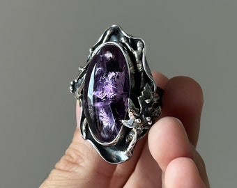 Enorm ametistring med lönnbladsdesign, silverring med afrikansk ametist, ametistring i jugendstil storlek 8, speciellt samlingsobjekt