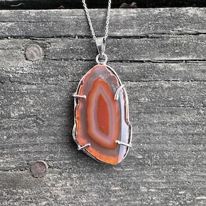 Red Agate Silver Necklace, Natural Red Agate Slice Pendant, Special Piece, Brazilian Geode Agate Slice Pendant, Red Agate Necklace for Mens