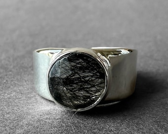 Black Rutilated Quartz Silver Ring, Black Tourmaline Rutilated Quartz Ring Size 7, Special Piece, Gift For Her, Completely Handmade & Silver