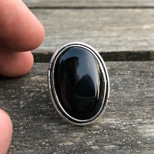 Black Agate Silver Ring, Natural Agate Silver Ring, Simple Design, Large Agate Ring, Black Agate Ring Size 7 8 9, Black Agate Stone Ring