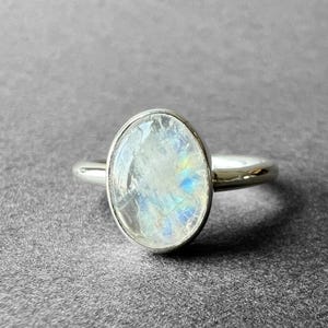 Natural Blue Flash Moonstone Silver Ring, Rare Crystalized Rainbow Flash Moonstone Stone Ring Size 7, Elegant Design, Gift for Her Him