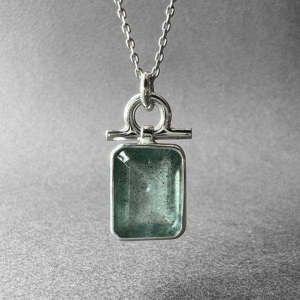 Natural Ocean Blue Aquamarine Necklace, Moss Aquamarine Silver Pendant