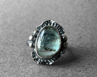 Natural Aquamarine Stone Ring, Vivid Blue Color Aquamarine Stone Ring, Blue Beryl Silver Ring, Ancient Design, Art Nouveau Style