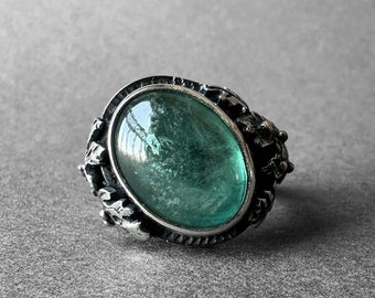 Rarest Blue Green Oak Themed Aquamarine Ring, Ancient Design Art Nouveau Ring, One-of-a-Kind Jewelry
